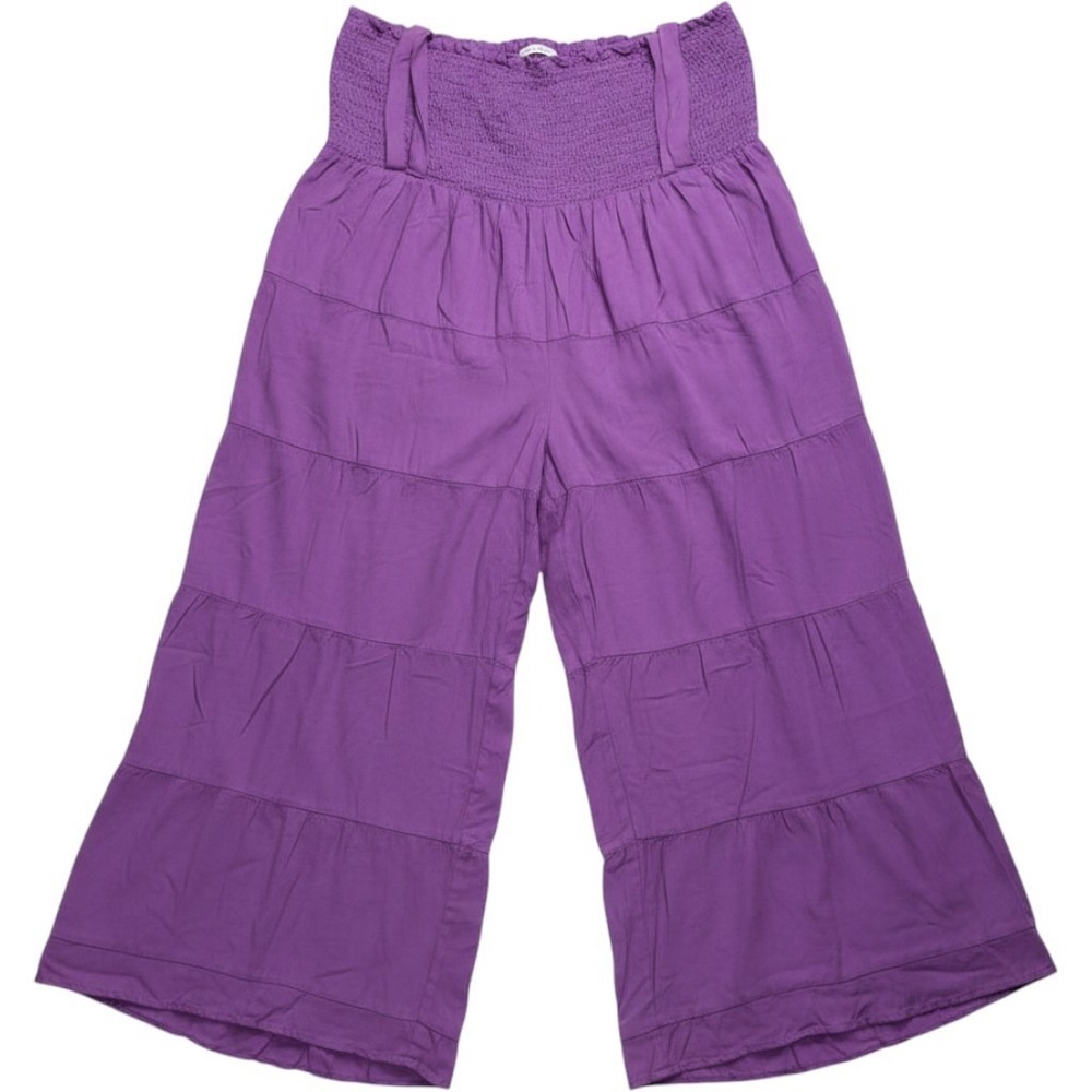 Heimish Pants Womens 3XL Purple Rayon Crop Wide Leg Elastic Waist Ruffle Belted
